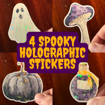 Halloween Holographic Die Cut Stickers – Spooky Cute Pack | Ghost, Pumpkin, Mushroom & Potion | Vinyl