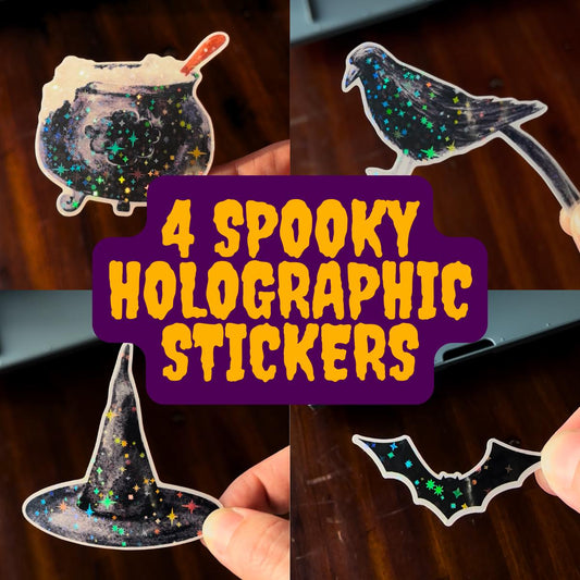 Witchy Holographic Die Cut Stickers – Cauldron, Witch Hat, Crow & Bat | Vinyl Sparkle Pack