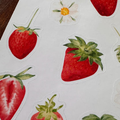 Strawberry Sticker Sheet – 17 Watercolour Fruit Stickers | Glossy Kiss Cut | Kitchen Garden