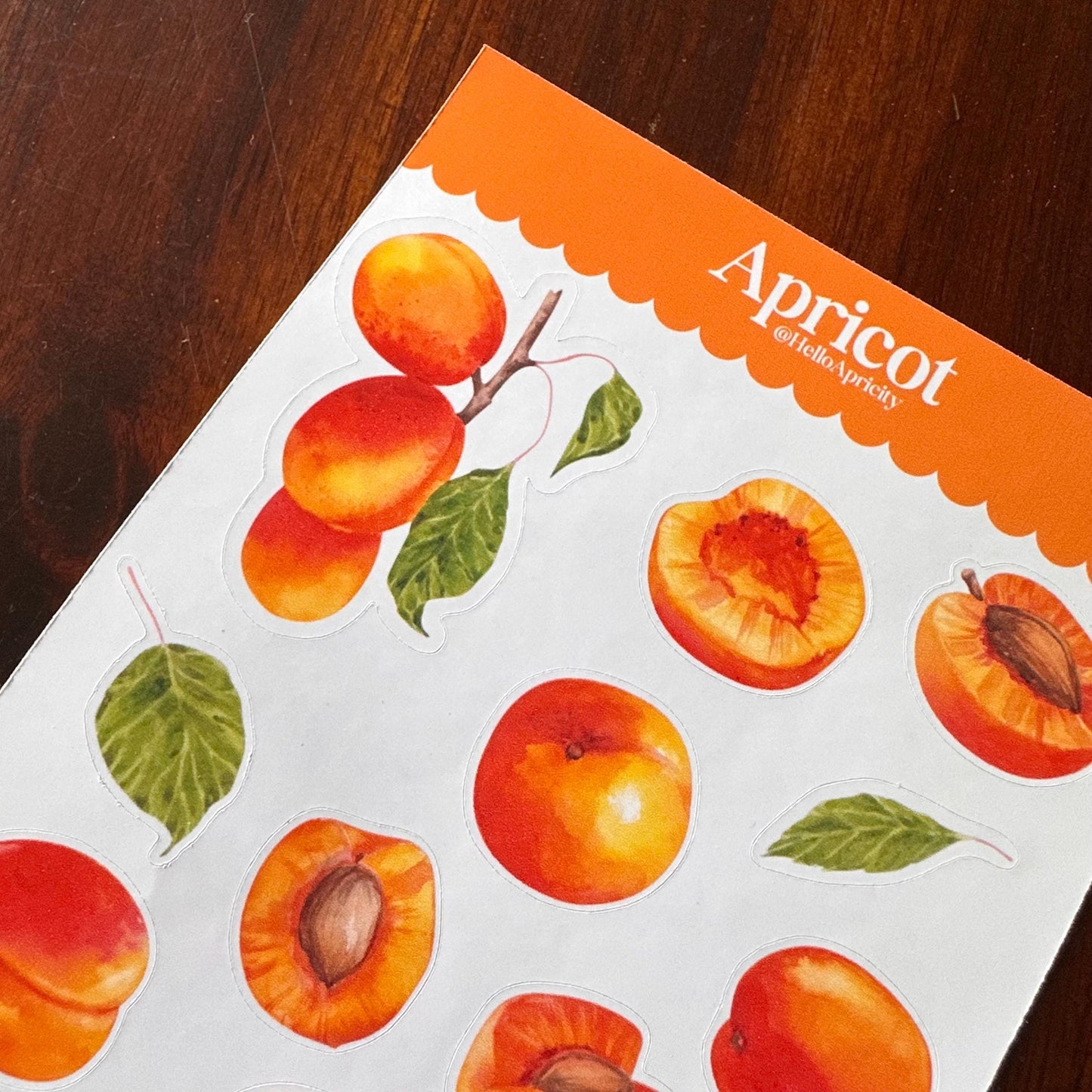 Apricot Sticker Sheet – 16 Watercolour Fruit Stickers | Glossy Kiss Cut | Kitchen Garden