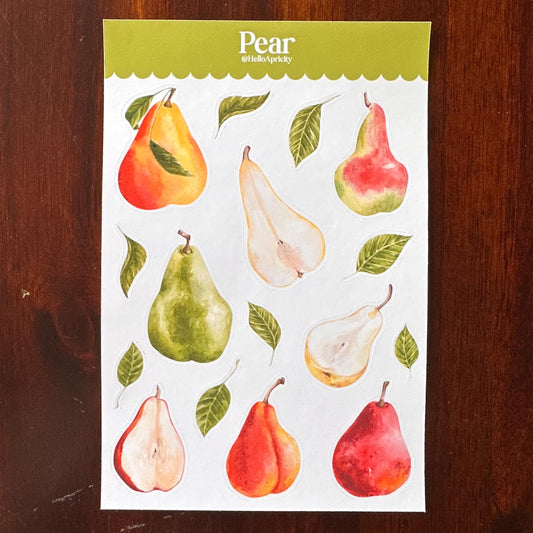 Pear Sticker Sheet – 16 Watercolour Fruit Stickers | Glossy Kiss Cut | Kitchen Garden