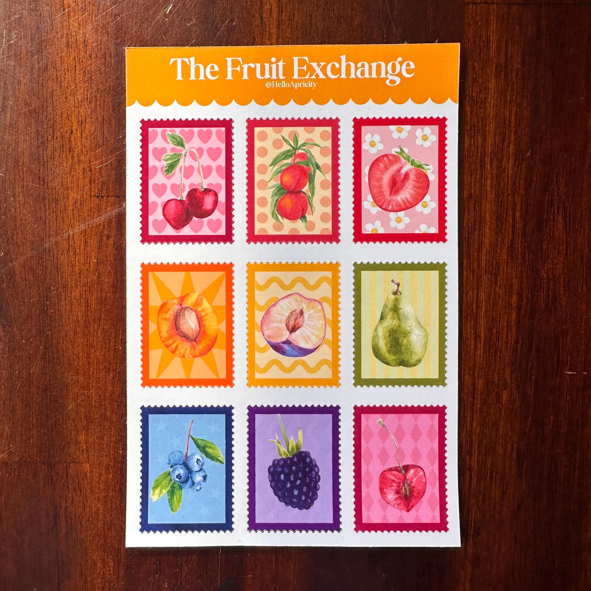 Fruit Postage Stamp Stickers – 9 Handmade Fruit Stickers | Retro Sticker Sheet | Kitchen Garden