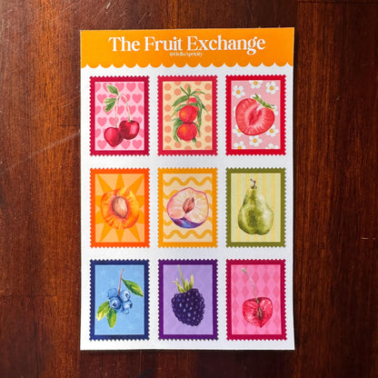 Fruit Postage Stamp Stickers – 9 Handmade Fruit Stickers | Retro Sticker Sheet | Kitchen Garden