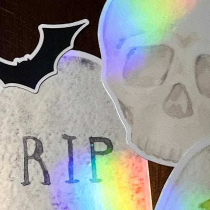 Moonlight Halloween Holographic Stickers – Skull, Gravestone, Pumpkin & Bat | Rainbow Shimmer Vinyl