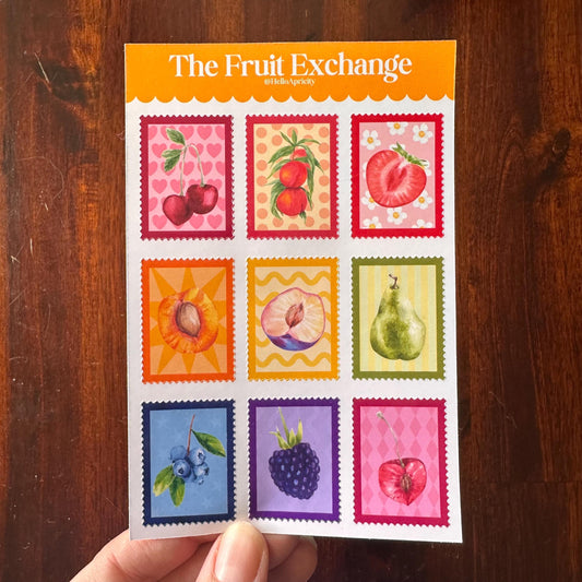 Fruit Postage Stamp Stickers – 9 Handmade Fruit Stickers | Retro Sticker Sheet | Kitchen Garden