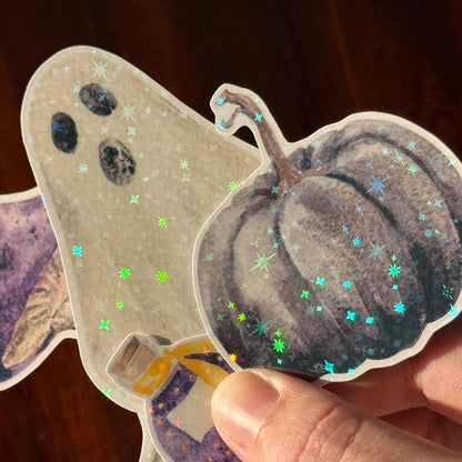 Halloween Holographic Die Cut Stickers – Spooky Cute Pack | Ghost, Pumpkin, Mushroom & Potion | Vinyl