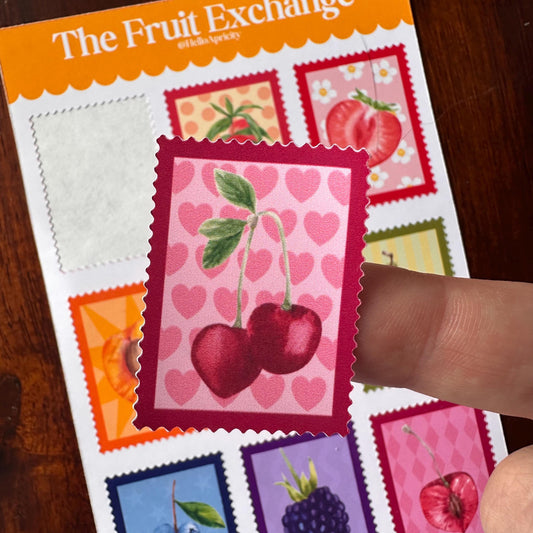 Fruit Postage Stamp Stickers – 9 Handmade Fruit Stickers | Retro Sticker Sheet | Kitchen Garden