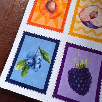 Fruit Postage Stamp Stickers – 9 Handmade Fruit Stickers | Retro Sticker Sheet | Kitchen Garden