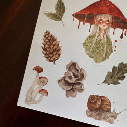 Forest Magic Sticker Sheet – 15 Handmade Mushroomcore Stickers | Glossy Kiss Cut | Forest Fairy