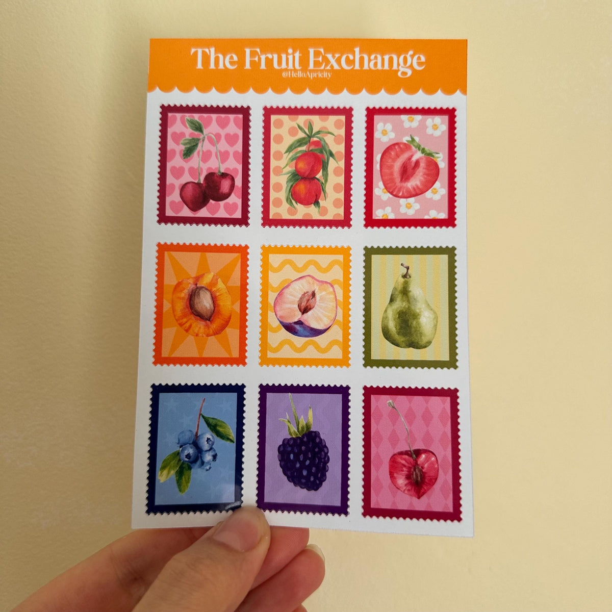 Fruit Postage Stamp Stickers – 9 Handmade Fruit Stickers | Retro Sticker Sheet | Kitchen Garden