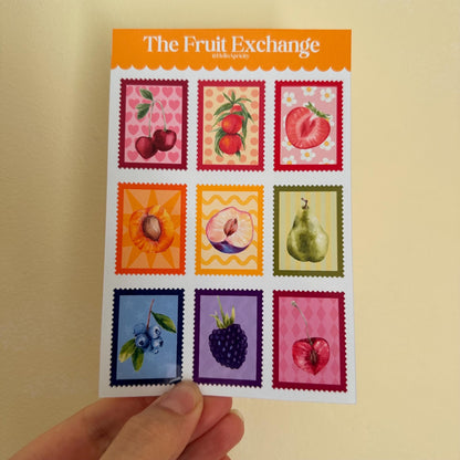 Fruit Postage Stamp Stickers – 9 Handmade Fruit Stickers | Retro Sticker Sheet | Kitchen Garden