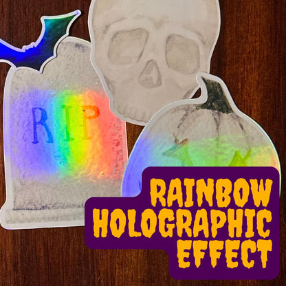 Moonlight Halloween Holographic Stickers – Skull, Gravestone, Pumpkin & Bat | Rainbow Shimmer Vinyl