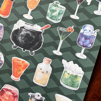 Spooky Bar Halloween Sticker Sheet – 24 Cocktail & Witch Stickers | Matte Kiss Cut | Pick Your Poison -Secret Spellbook