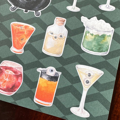 Spooky Bar Halloween Sticker Sheet – 24 Cocktail & Witch Stickers | Matte Kiss Cut | Pick Your Poison -Secret Spellbook