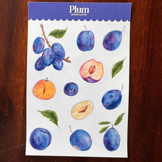 Plum Sticker Sheet – 13 Watercolour Fruit Stickers | Glossy Kiss Cut | Kitchen Garden