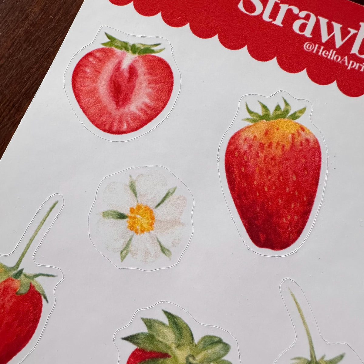 Strawberry Sticker Sheet – 17 Watercolour Fruit Stickers | Glossy Kiss Cut | Kitchen Garden