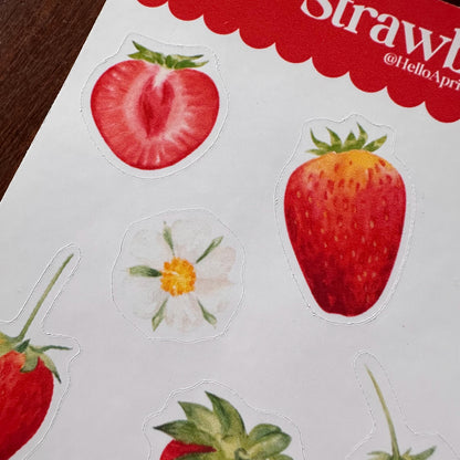 Strawberry Sticker Sheet – 17 Watercolour Fruit Stickers | Glossy Kiss Cut | Kitchen Garden
