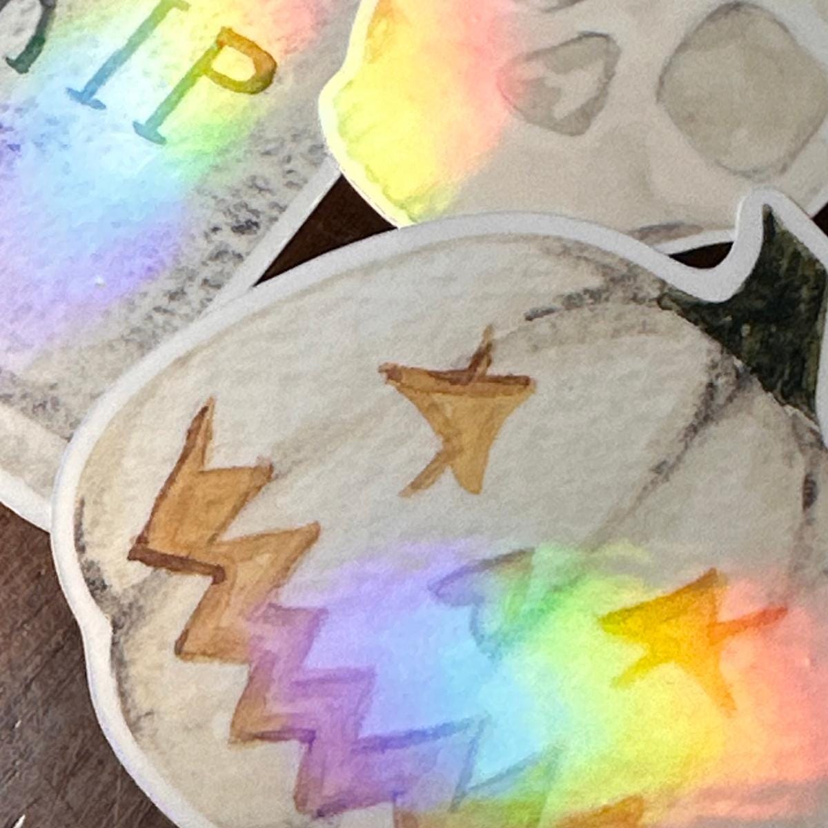 Moonlight Halloween Holographic Stickers – Skull, Gravestone, Pumpkin & Bat | Rainbow Shimmer Vinyl